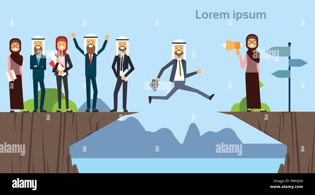 arab businessman jumping over obstacles chasm go to the opposite goal concept. business group success. challenge, risk, and overcome problem or obstacles. Stock Vector