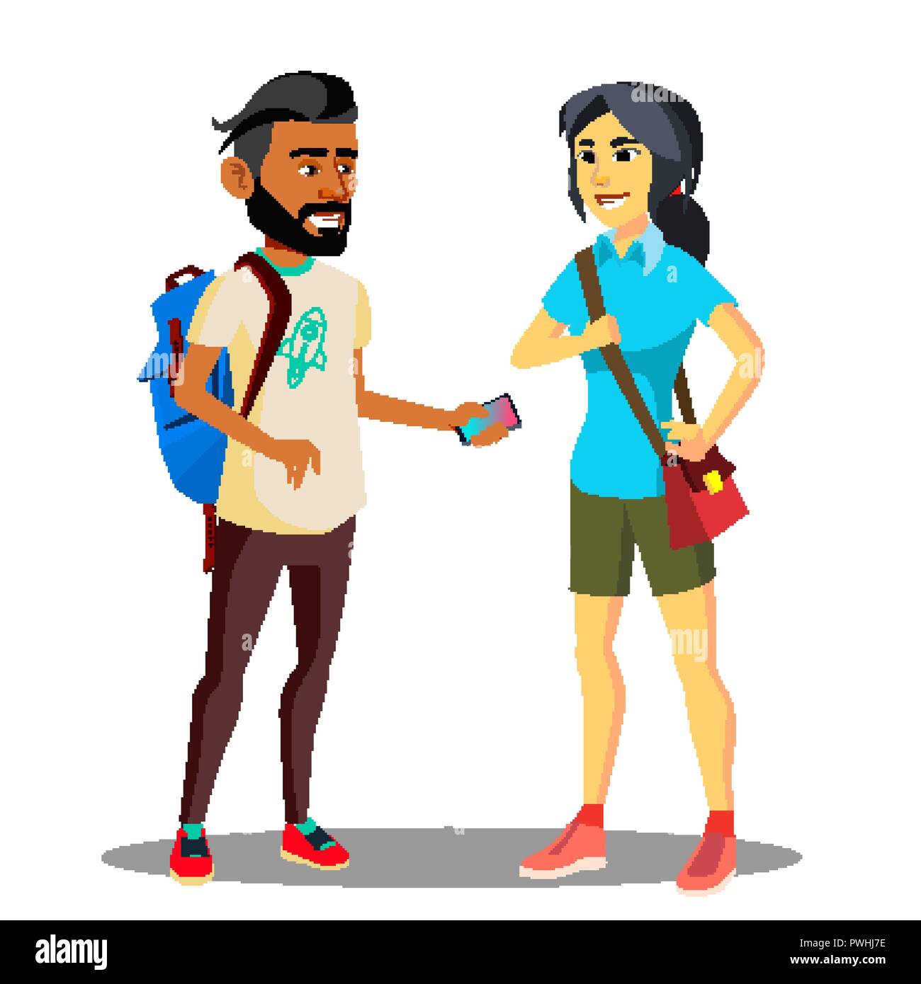 Smiling Muslim And Asian Student With Backpack Vector. Isolated Illustration Stock Vector