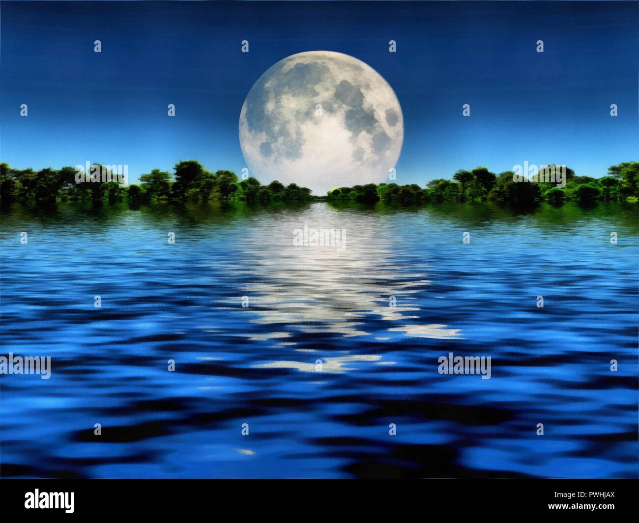 Surreal Painting Big Moon Over Water Forest At The Horizon Stock Photo Alamy