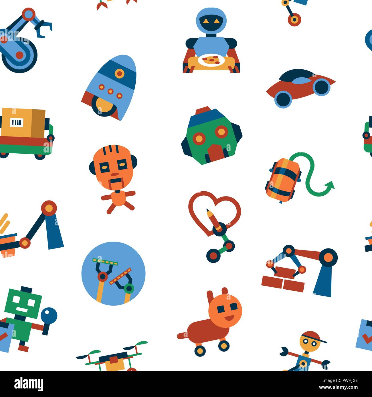 Digital vector machine automation and artificial intelligence robots simple icons set collection flat style infographics, seamless pattern Stock Vector