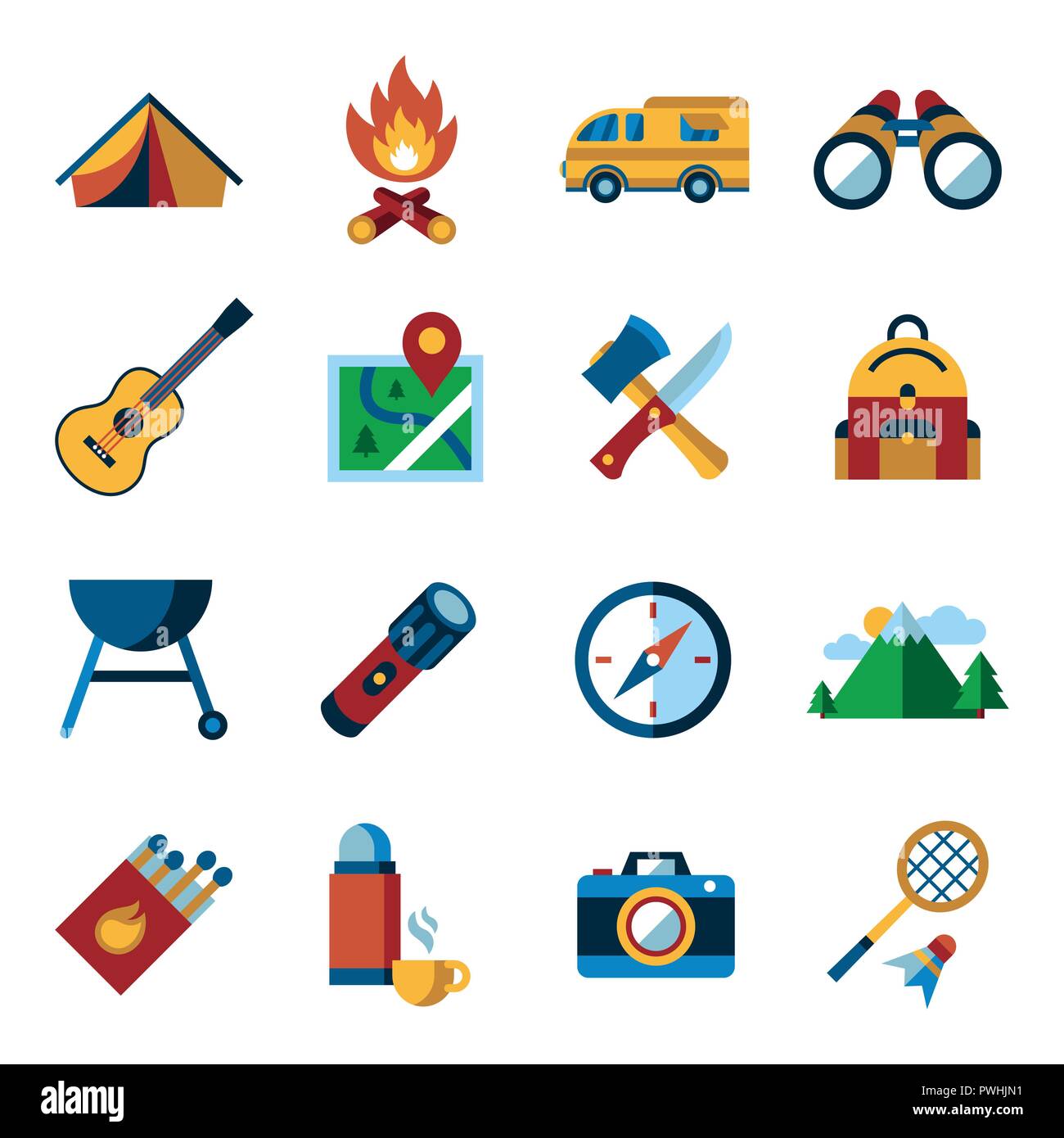 Digital vector summer camping sport activities simple icons set ...