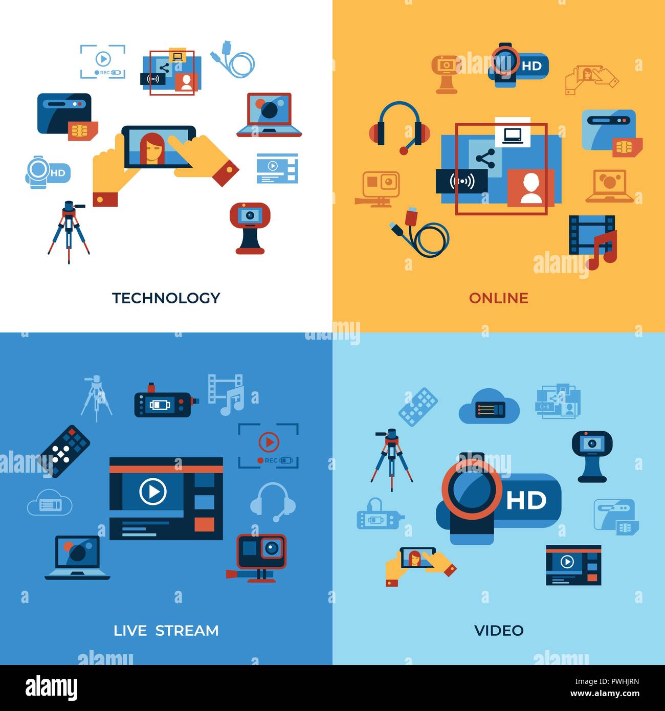 Digital vector video on demand online streaming technology simple icons set collection flat style infographics Stock Vector Image and Art