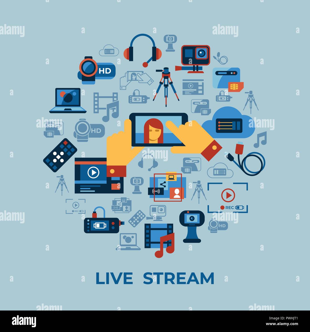 Digital vector video on demand online streaming technology simple icons set collection flat style infographics Stock Vector