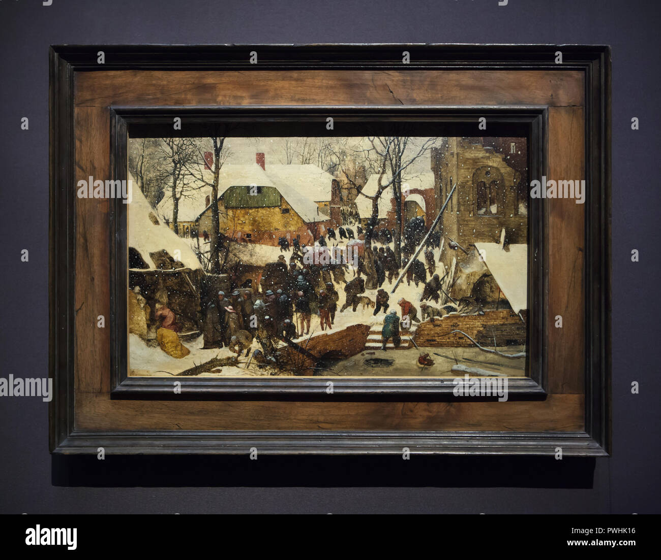 Painting 'The Adoration of the Magi in the Snow' by Dutch Renaissance painter Pieter Bruegel the Elder (1567) on display at his retrospective exhibition in the Kunsthistorisches Museum (Museum of Art History) in Vienna, Austria. The exhibition marking the 450th anniversary of the death of Pieter Bruegel the Elder runs till 13 January 2019. Stock Photo