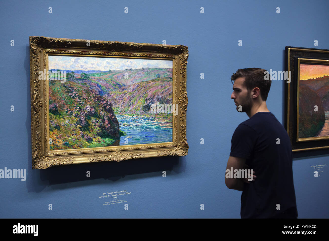 Visitor in front of the painting 'Valley of the Creuse, Sunlight Effect' (1889) by French Impressionist painter Claude Monet displayed at his retrospective exhibition in the Albertina Museum in Vienna, Austria. The exhibition devoted to the founder of French Impressionist painting runs till 6 January 2019. Stock Photo