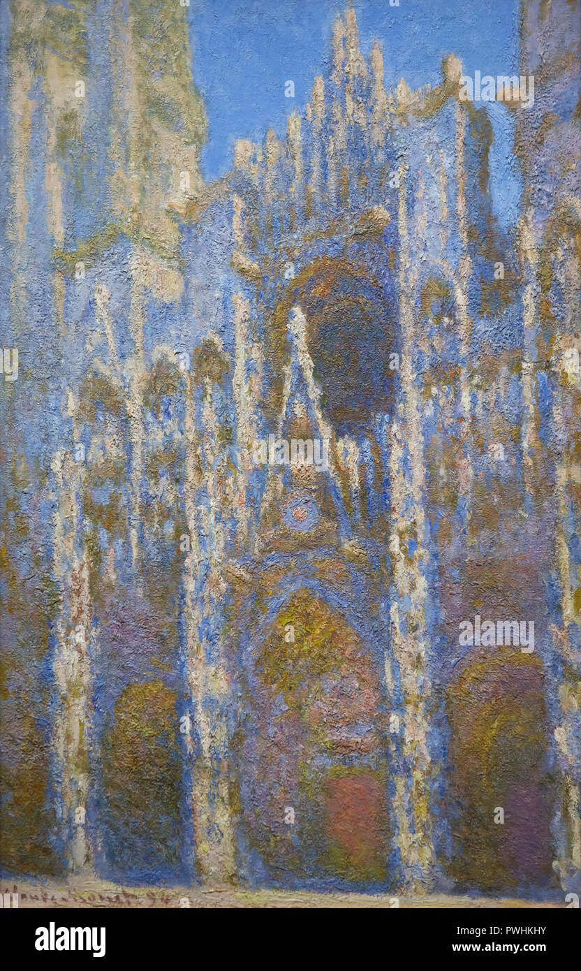 Painting 'Rouen Cathedral, Sunlight Effect' (1894) by French Impressionist painter Claude Monet on display at his retrospective exhibition in the Albertina Museum in Vienna, Austria. The exhibition devoted to the founder of French Impressionist painting runs till 6 January 2019. Stock Photo