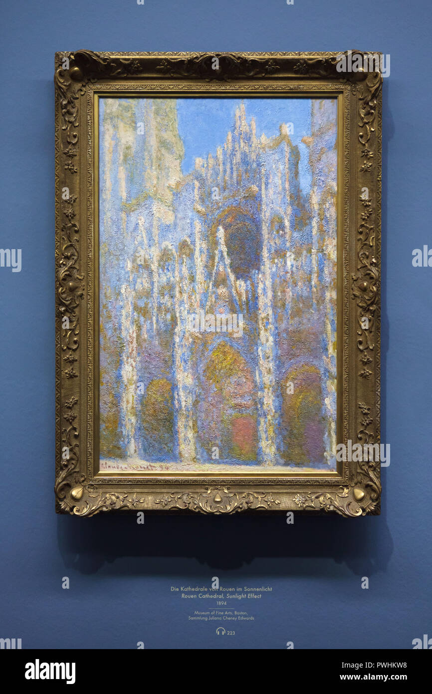 Painting 'Rouen Cathedral, Sunlight Effect' (1894) by French Impressionist painter Claude Monet on display at his retrospective exhibition in the Albertina Museum in Vienna, Austria. The exhibition devoted to the founder of French Impressionist painting runs till 6 January 2019. Stock Photo