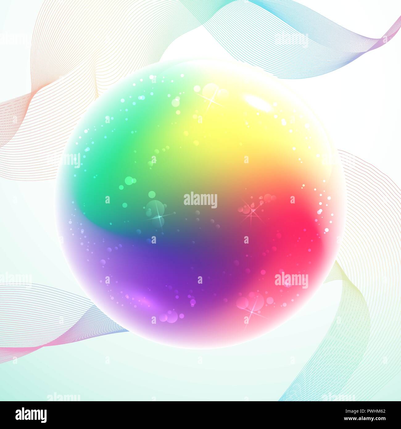 Rainbow magic ball with bubbles inside on abstract lines background Stock Vector