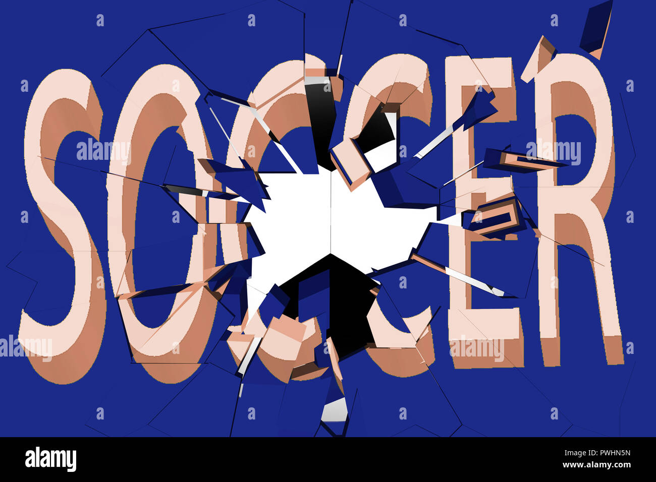 3d render of soccer ball breaking through a wall with the inscription