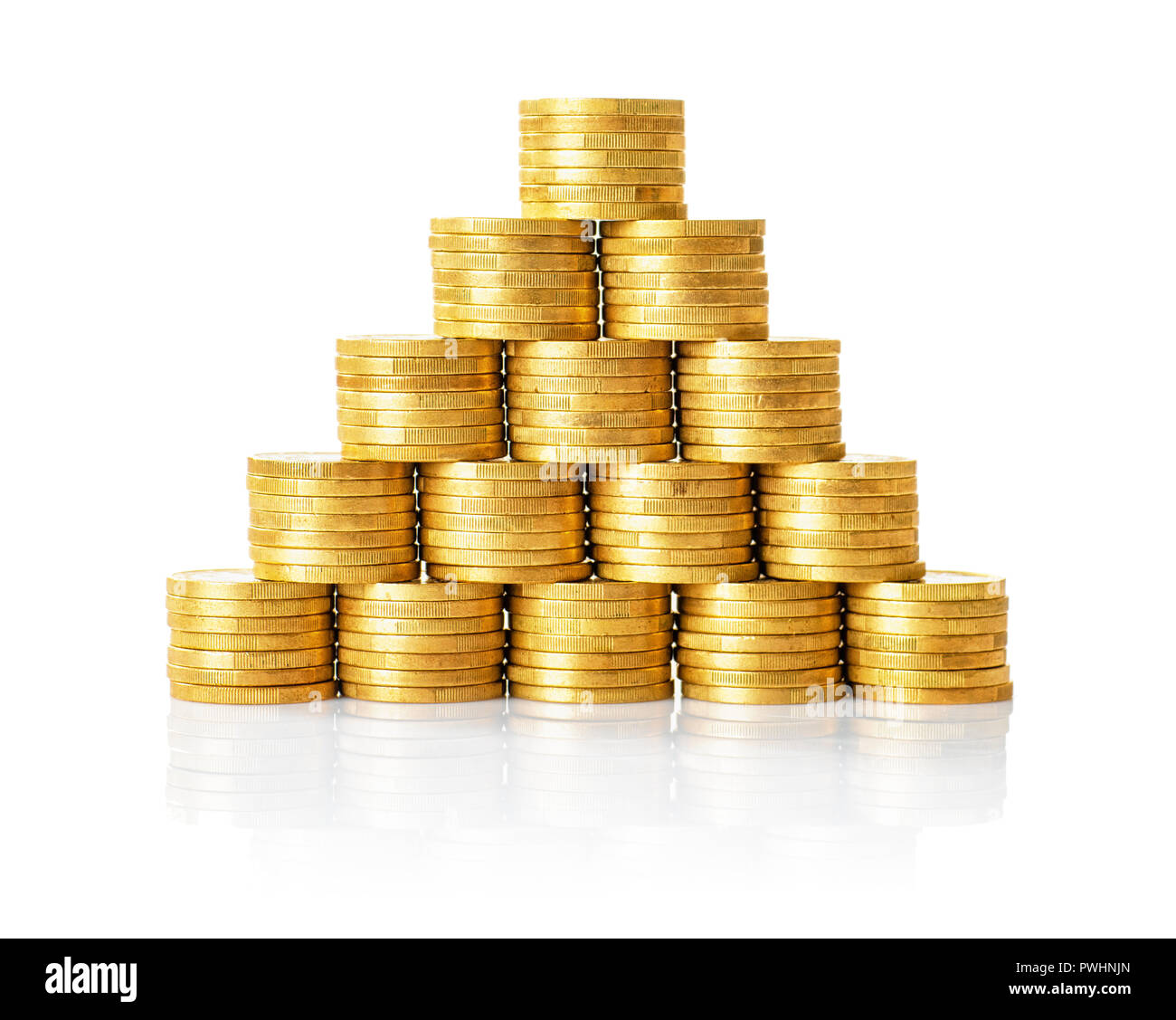A pyramid of golden coins on a whithe background Stock Photo