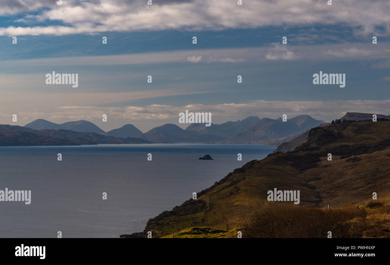 Loch Leathan and the Black Cuillin mountain range, view from the Old man of Storr, Isle of Skye, Scotland, Uk Stock Photo