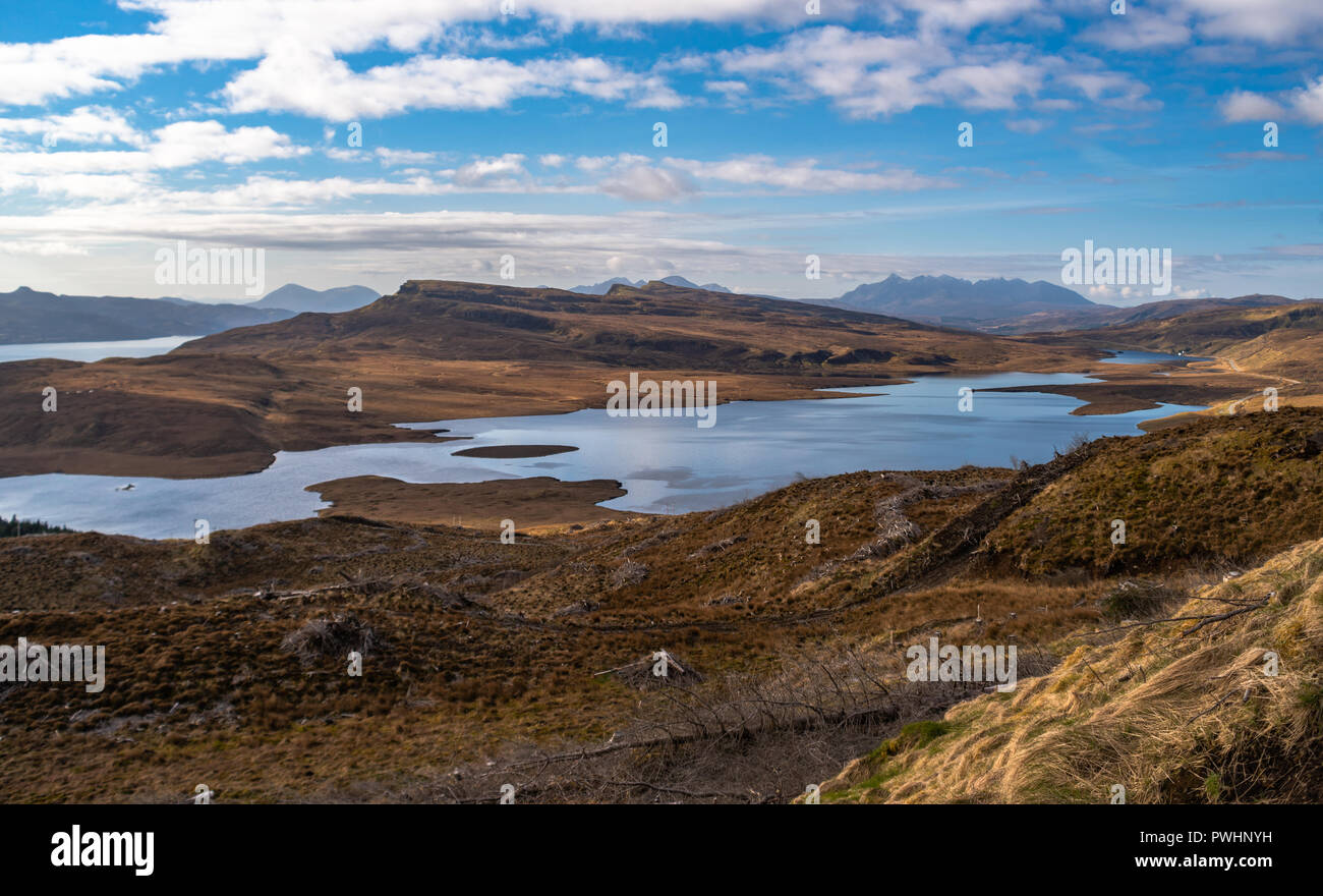 Loch Leathan and the Black Cuillin mountain range, view from the Old man of Storr, Isle of Skye, Scotland, Uk Stock Photo