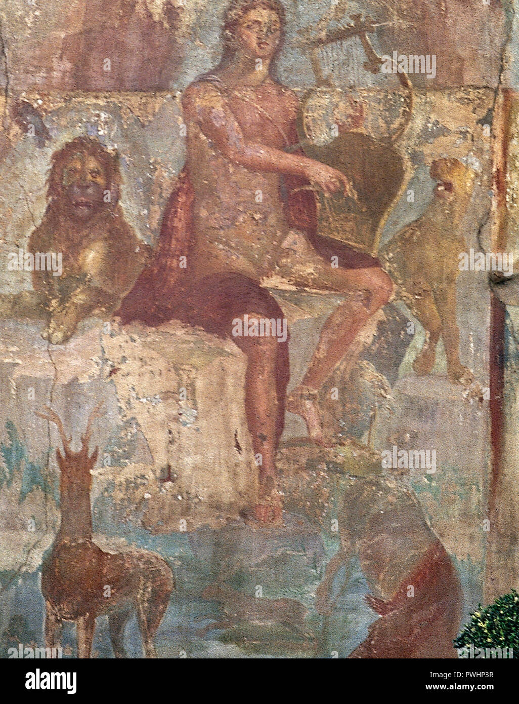 Orpheus. Greek poet and musician. Pompeian fresco depicting Orpheus playing the zither and appeasing the animals. Domus of Vesonio Primo. Pompeii. La Campania. Italy. Stock Photo