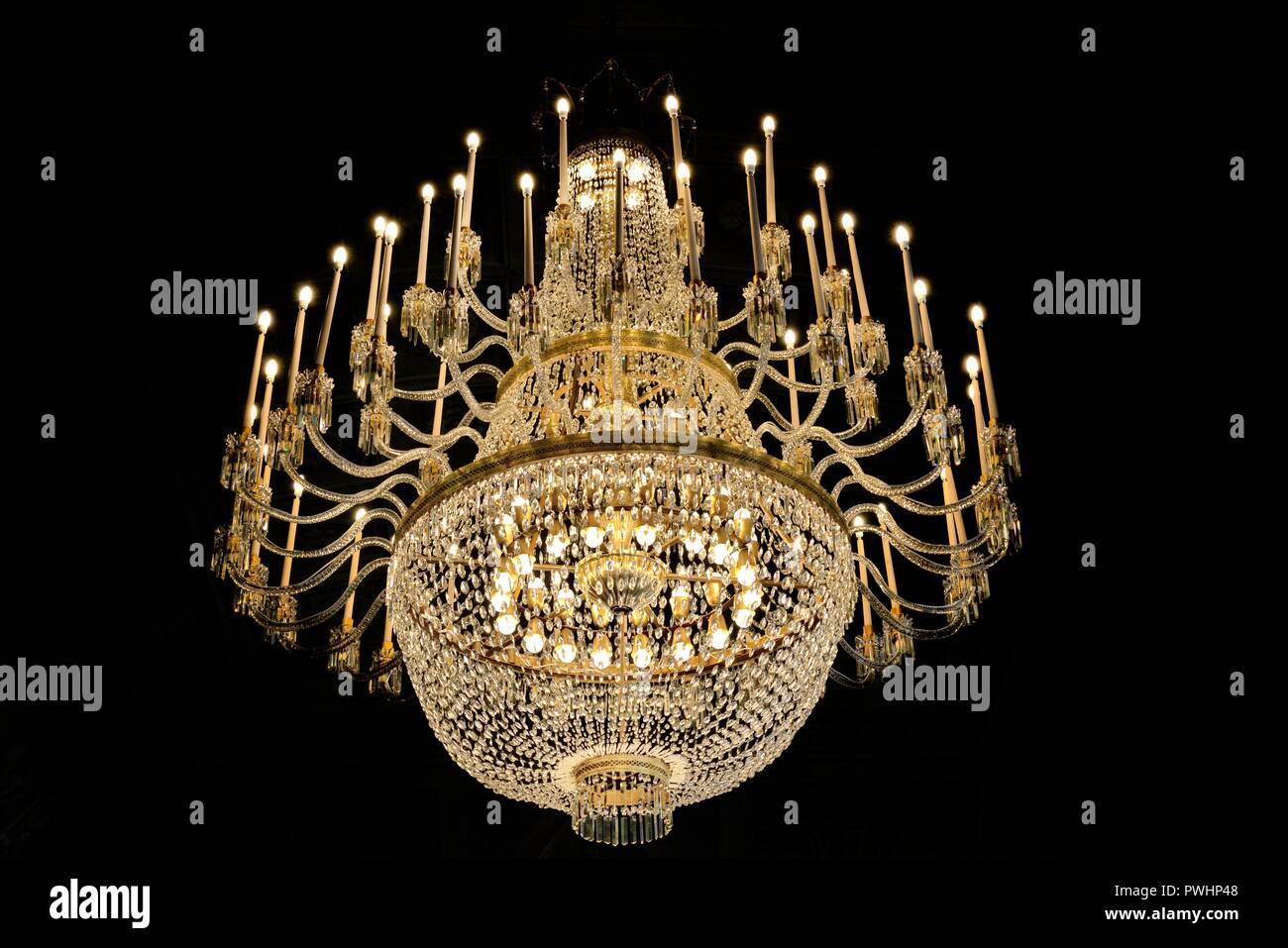 drop-shaped Bohemia crystal chandeliers in National Braidense Library Milano Italy Stock Photo