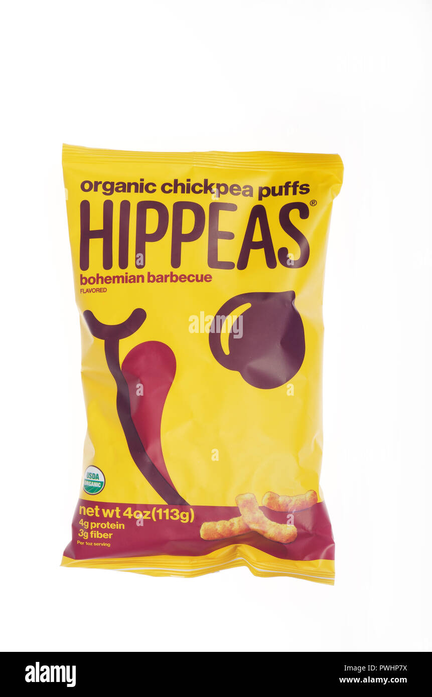 Bag of Hippeas Organic Chickpea Puffs in bohemian barbecue flavor Stock Photo