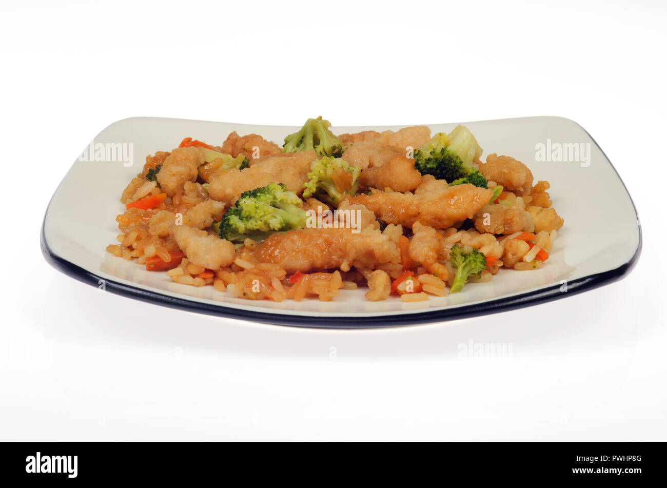 Mandarin orange chicken with vegetables and rice Stock Photo