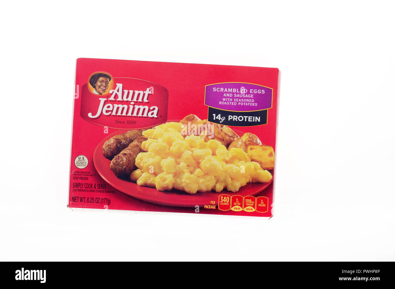 Aunt Jemima frozen breakfast meal box of scrambled eggs with roasted potatoes and sausage links on white Stock Photo