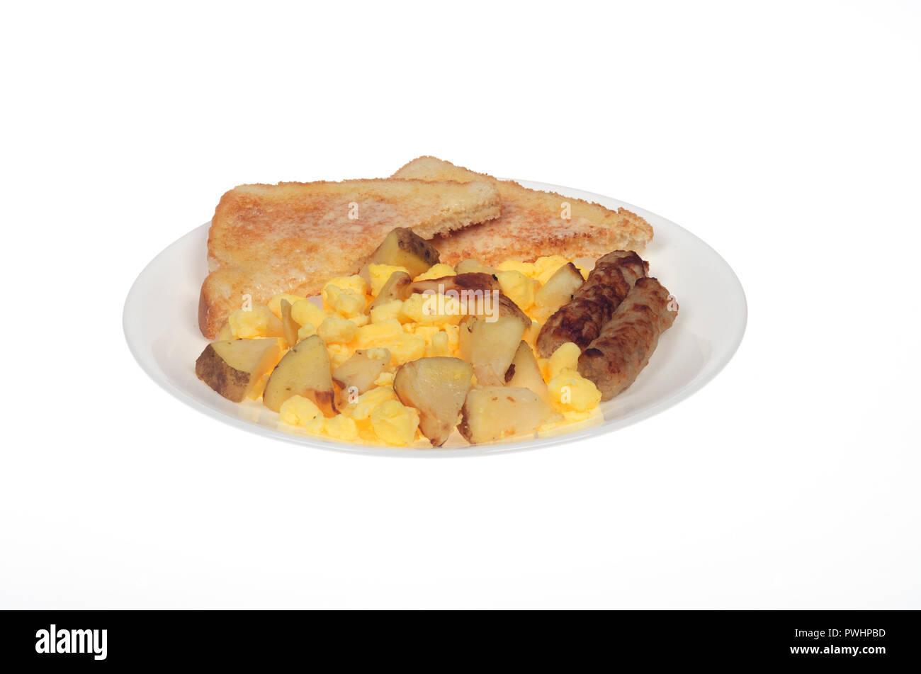 Scrambled eggs, oven roasted potatoes, sausage links and buttered white toast on white plate Stock Photo