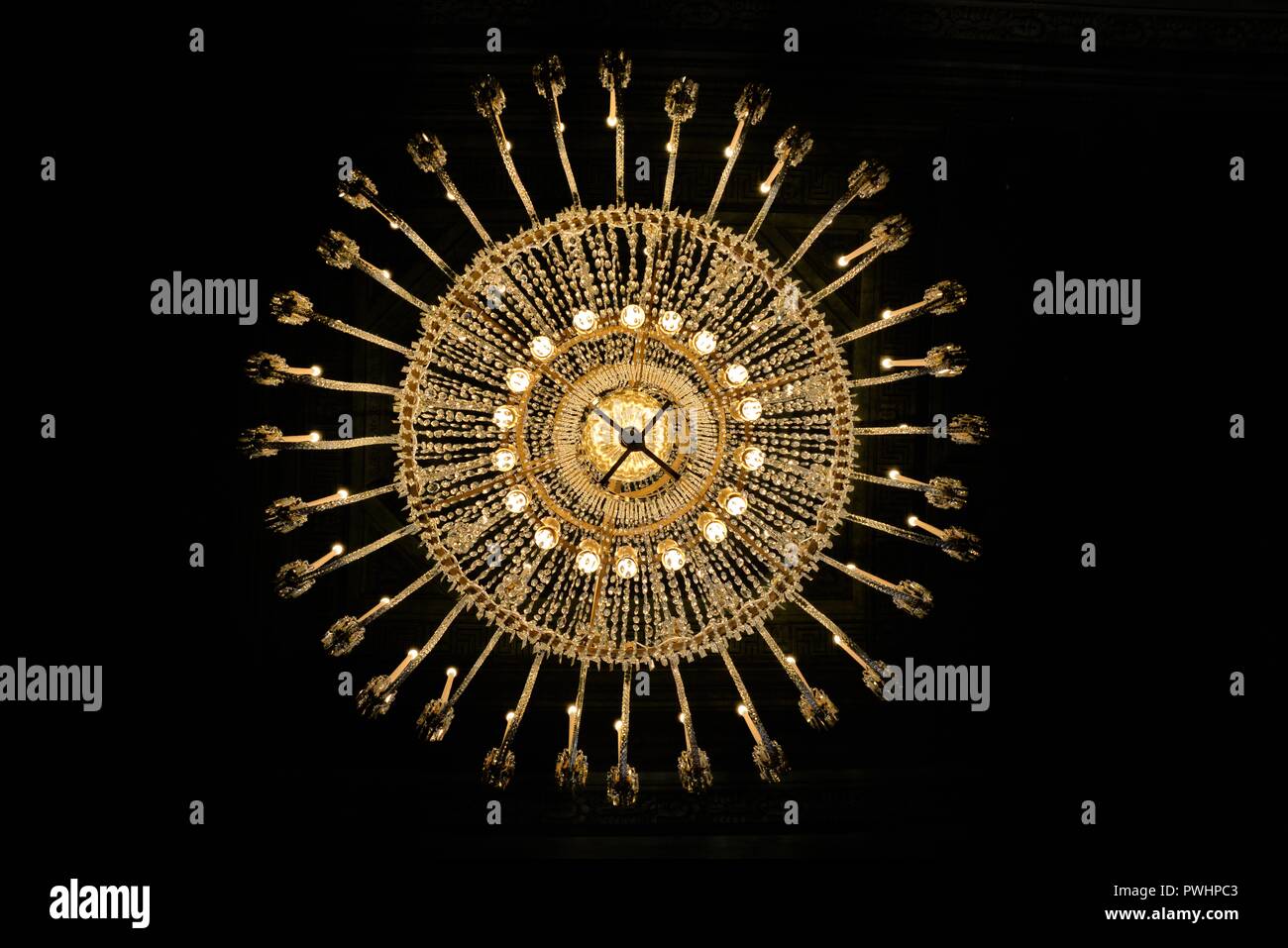 drop-shaped Bohemia crystal chandeliers in National Braidense Library Milano Italy Stock Photo