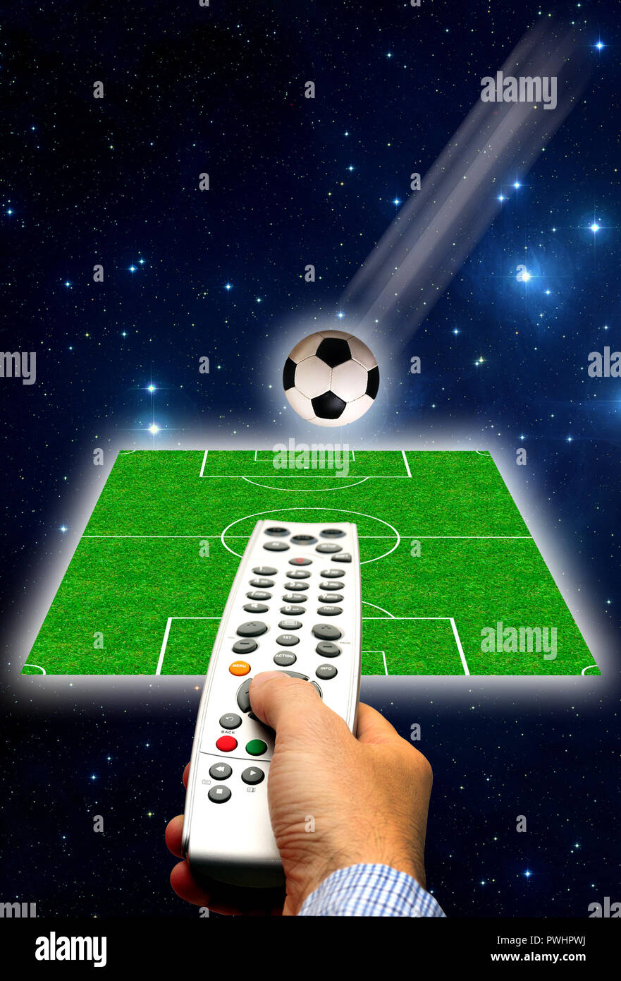 watching soccer on television concept Stock Photo