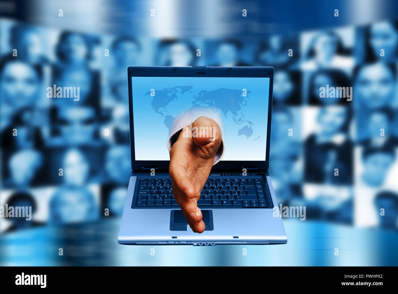 hand coming out of a computer screen, in handshaking gesture, social