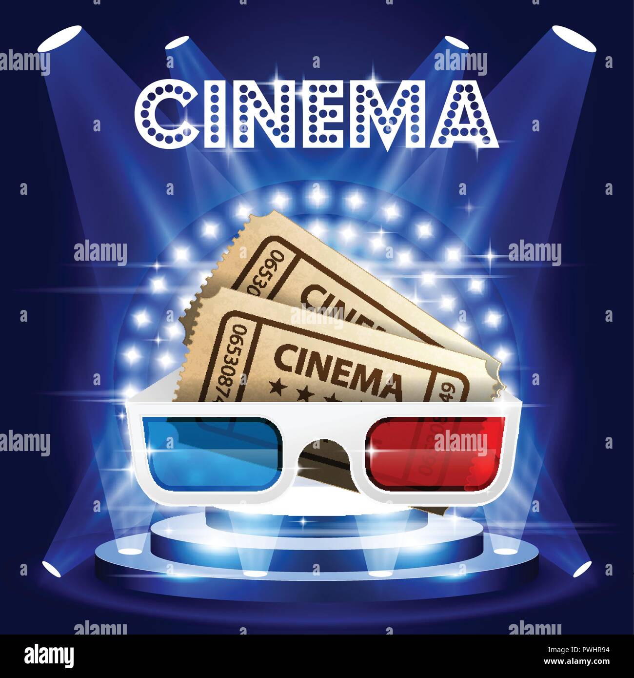 Cinema tickets and 3d glasses on stage in circle of lights - film premiere poster Stock Vector
