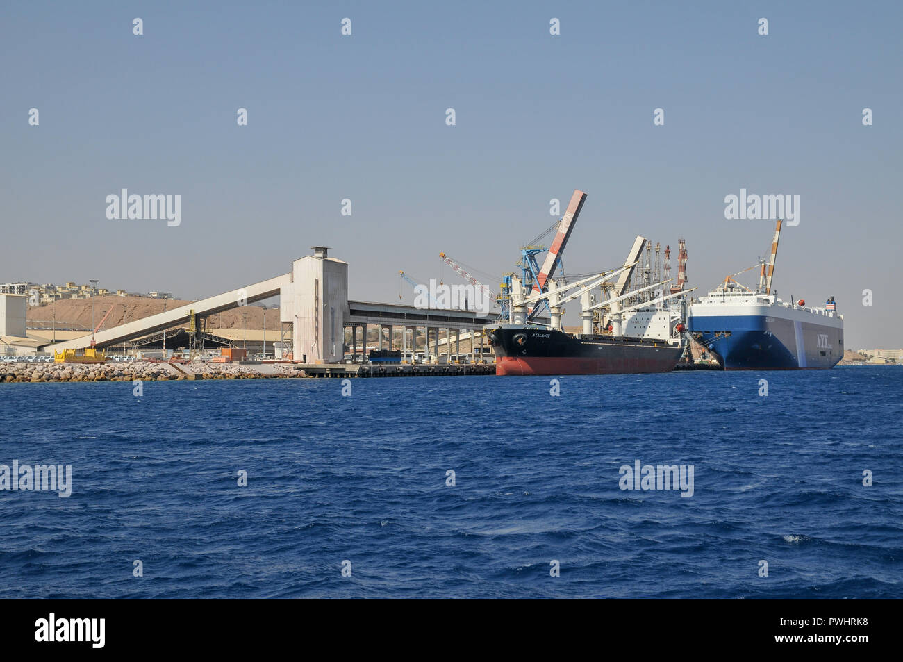 Ships at the Port of Eilat in the Red Sea, Israel Stock Photo