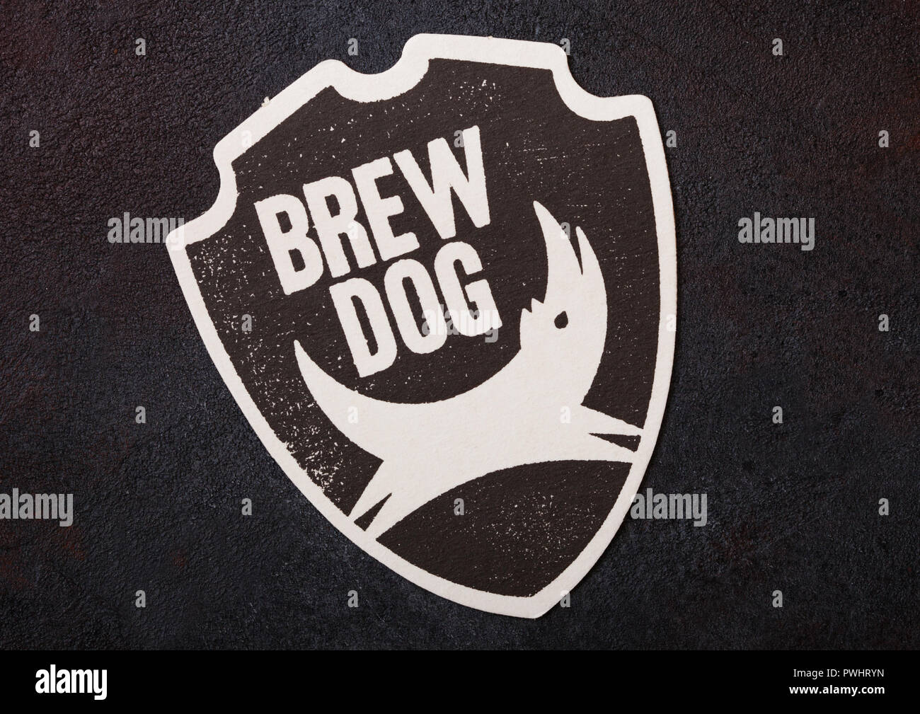 LONDON, UK - AUGUST 22, 2018: Brew Dog craft paper beer beermat coaster on black background. Stock Photo