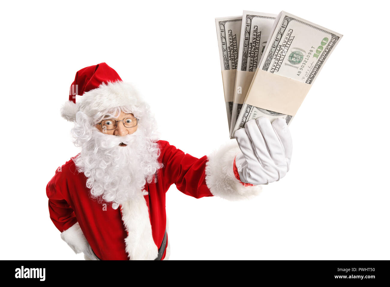Santa Claus holding money isolated on white background Stock Photo