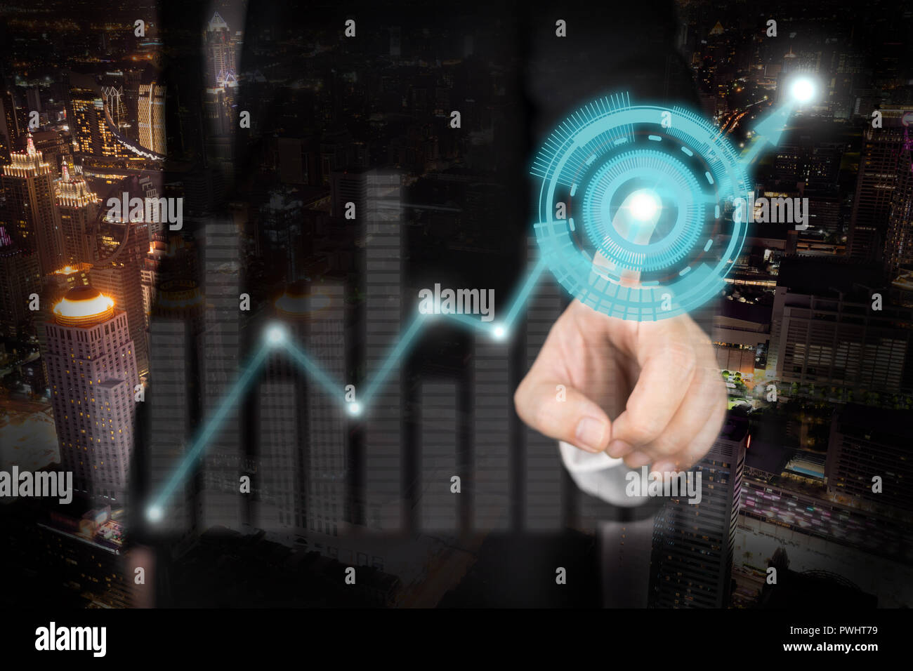 Double exposure of Businessman with digital stock market concept on the cityscape background. Stock Photo