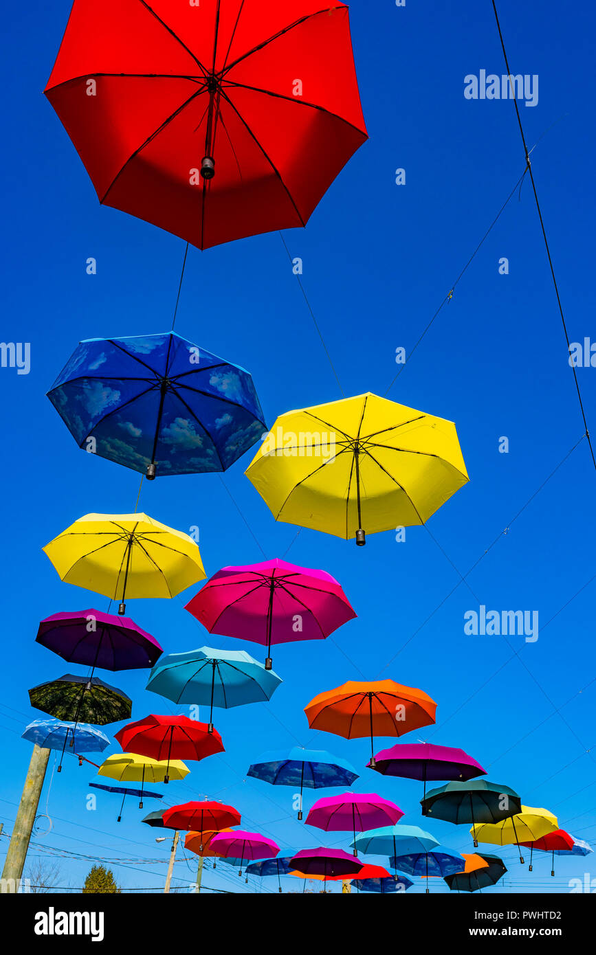 Overhead umbrella installation, downtown, Fort Langley, British Columbia, Canada Stock Photo