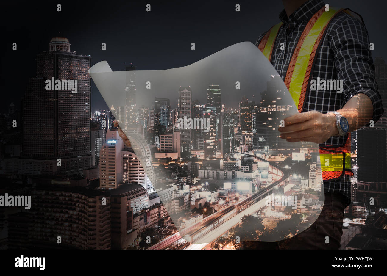 Double exposure of business people working on city background Stock Photo
