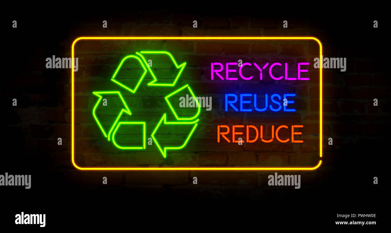 Recycling Symbol In Neon Light Stylizing Illustration Abstract Concept With Ecology Symbol And Slogan Recycle Reuse Reduce Stock Photo Alamy
