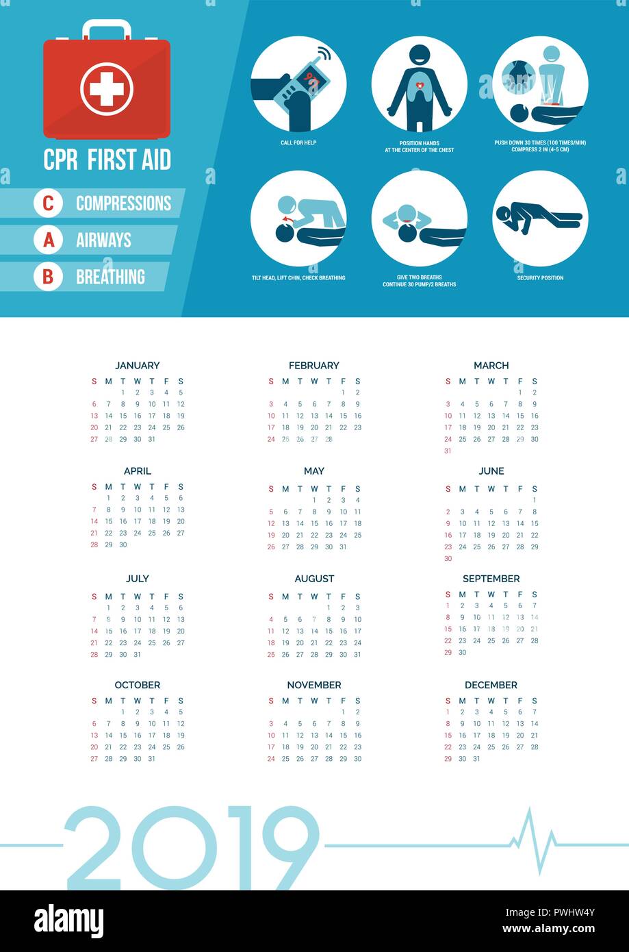 CPR and first aid kit calendar 2019 with medical supplies for emergencies, healthcare concept Stock Vector