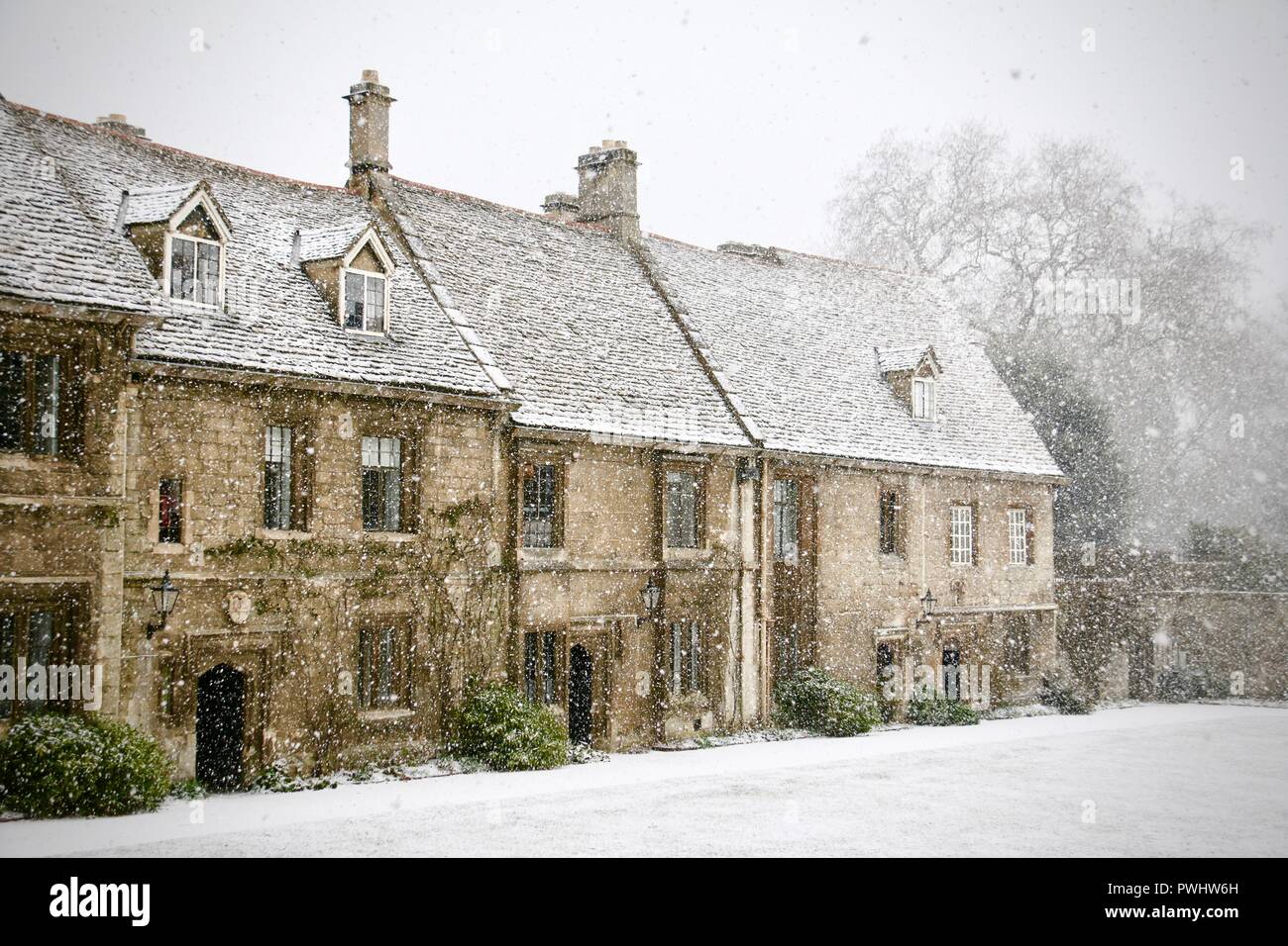 Worcester College, Oxford, in the snow. Stock Photo
