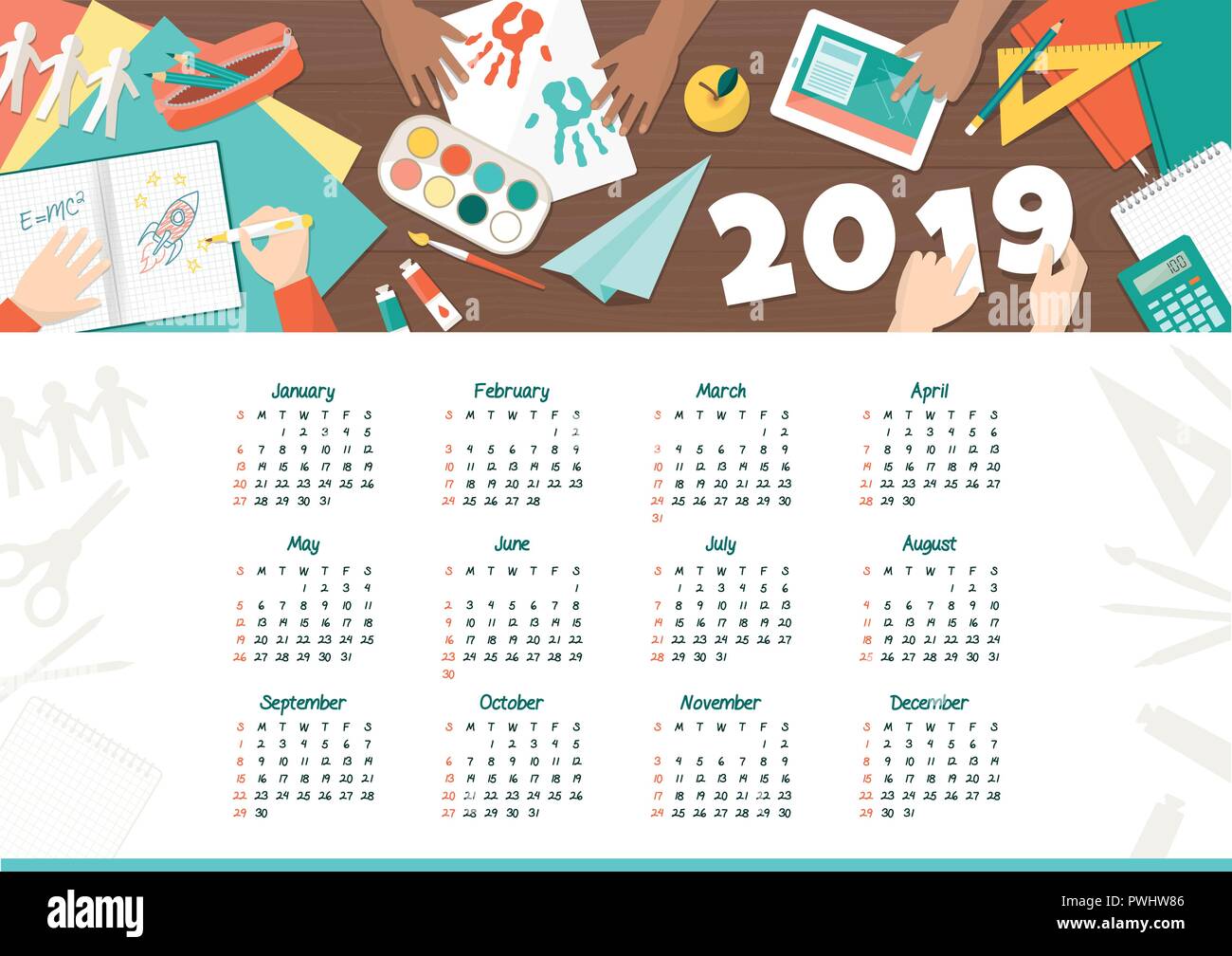 Creative kids at school calendar 2019: happy children studying and playing together Stock Vector