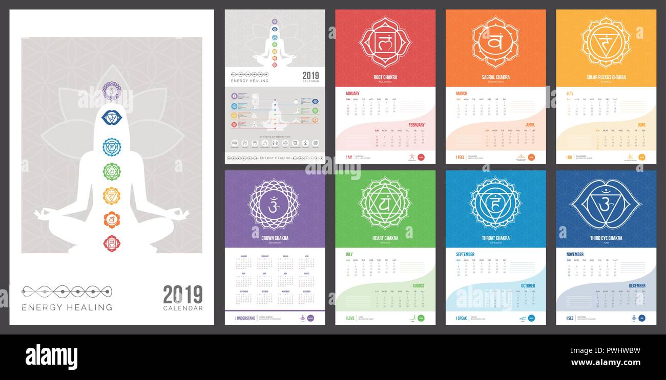 Self healing, meditation and chakras calendar 2019 with yoga poses and