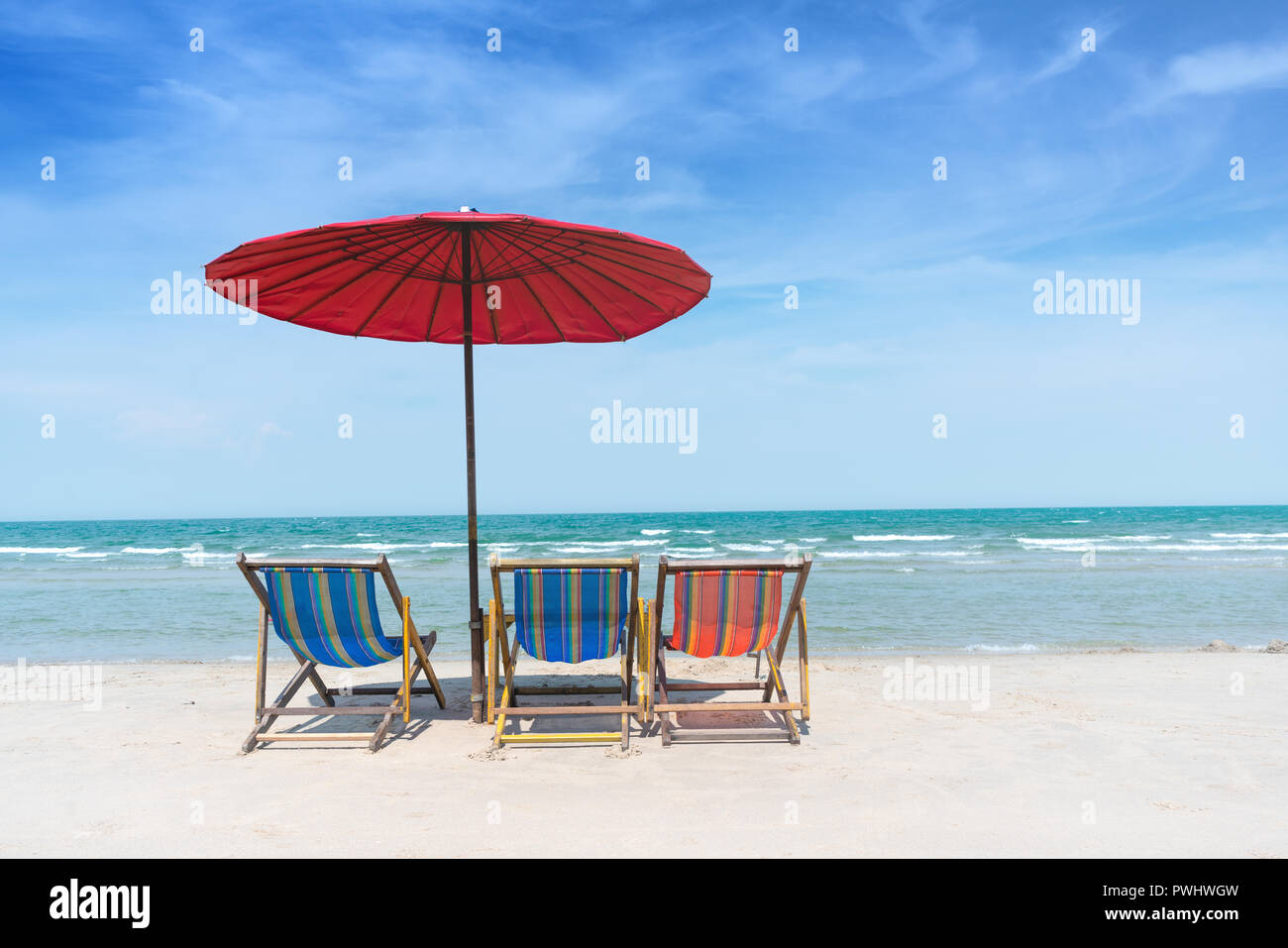 beach chair and umbralla on the tropical beach with bluesky Stock Photo