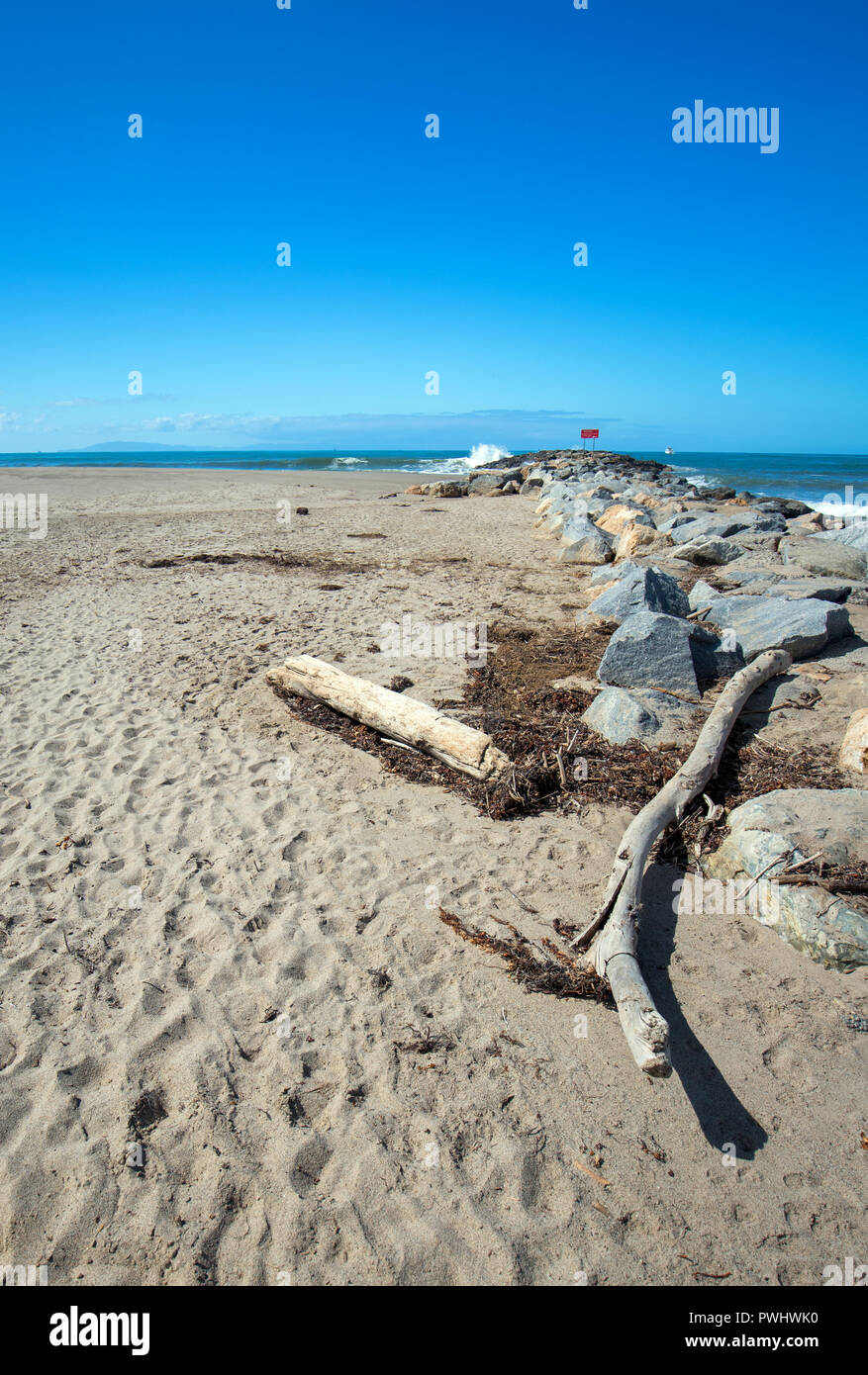Driftwood on Surfers Knoll beach in Ventura California United States Stock Photo