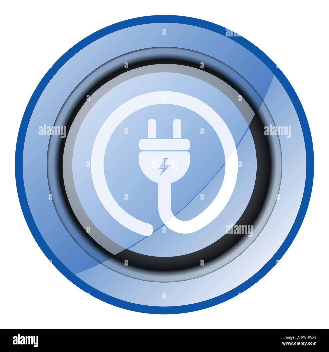 Plug vector icon. Blue glossy round energy web button isolated on white ...