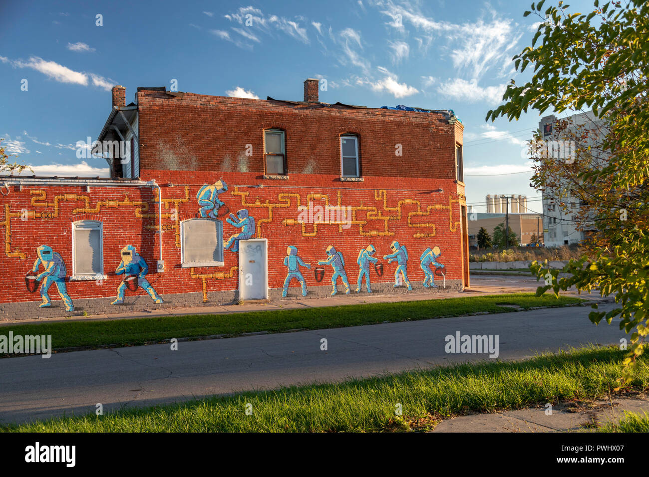 Detroit, Michigan - A painting on a building near the U.S. Ecology hazardous waste plant expresses neighborhood opposition to the facility. Stock Photo