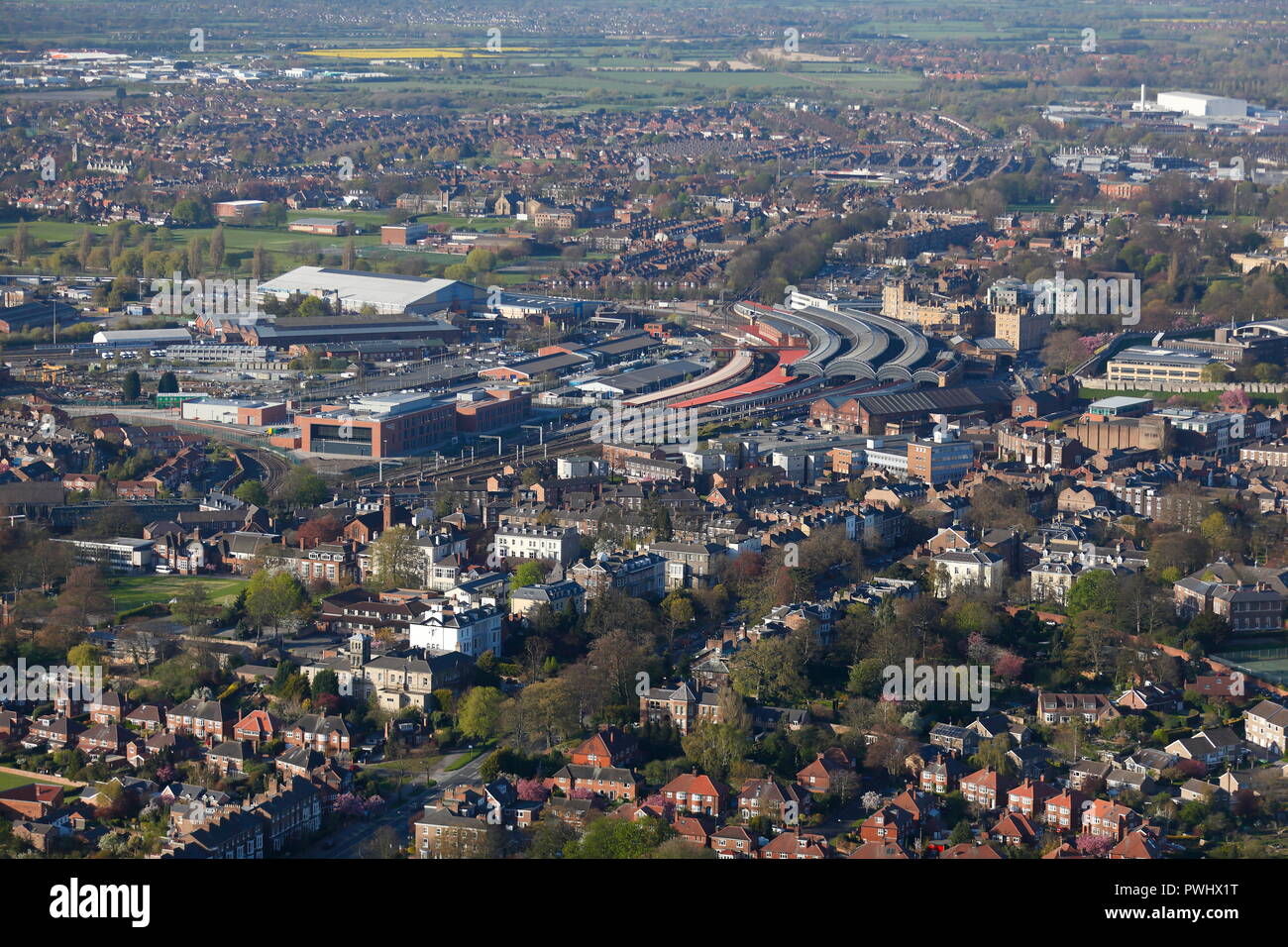 A view across York with York Railway Station pictured centre. Stock Photo