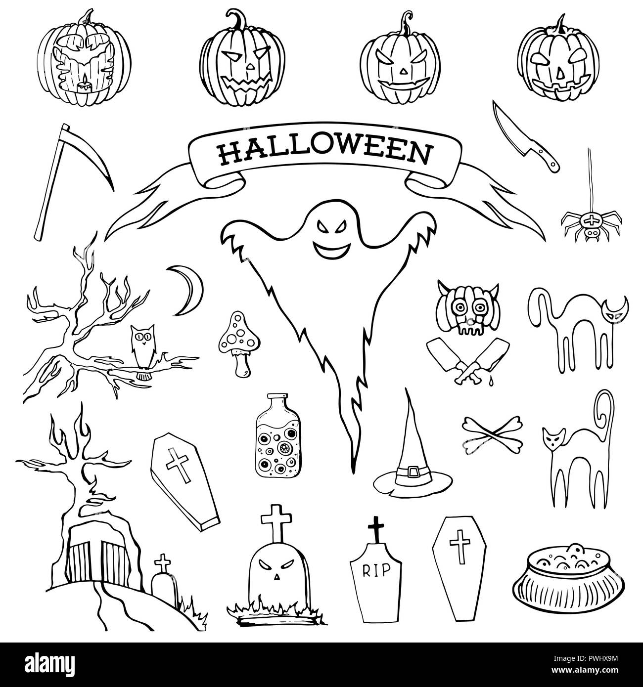 Set of hand drawn doodle cartoon elements of Halloween celebration. Halloween creatures. Black and white drawing. Isolated doodles on white background Stock Vector