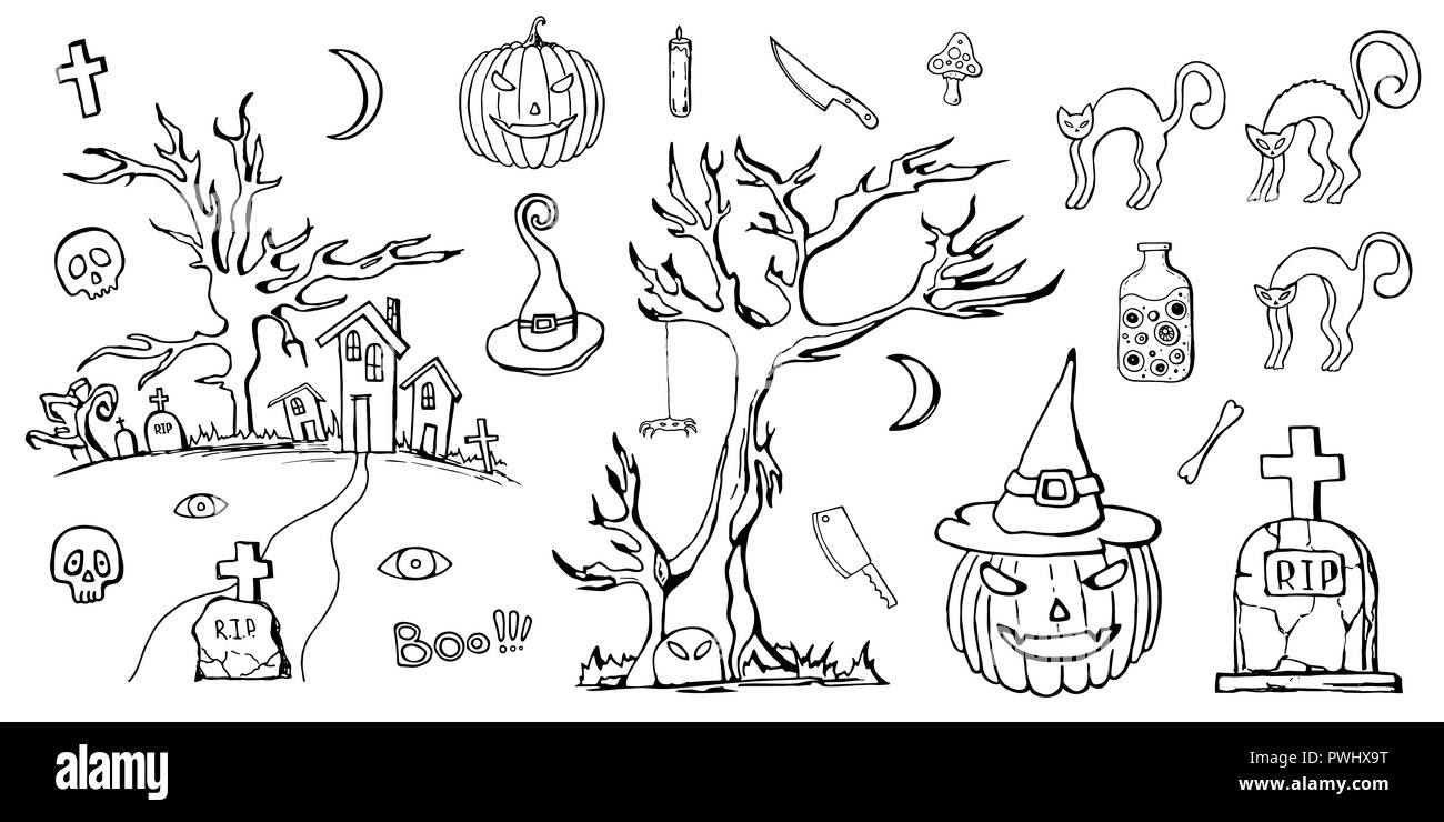 Set of hand drawn doodle cartoon elements of Halloween celebration. Halloween creatures. Black and white drawing. Isolated doodles on white background Stock Vector