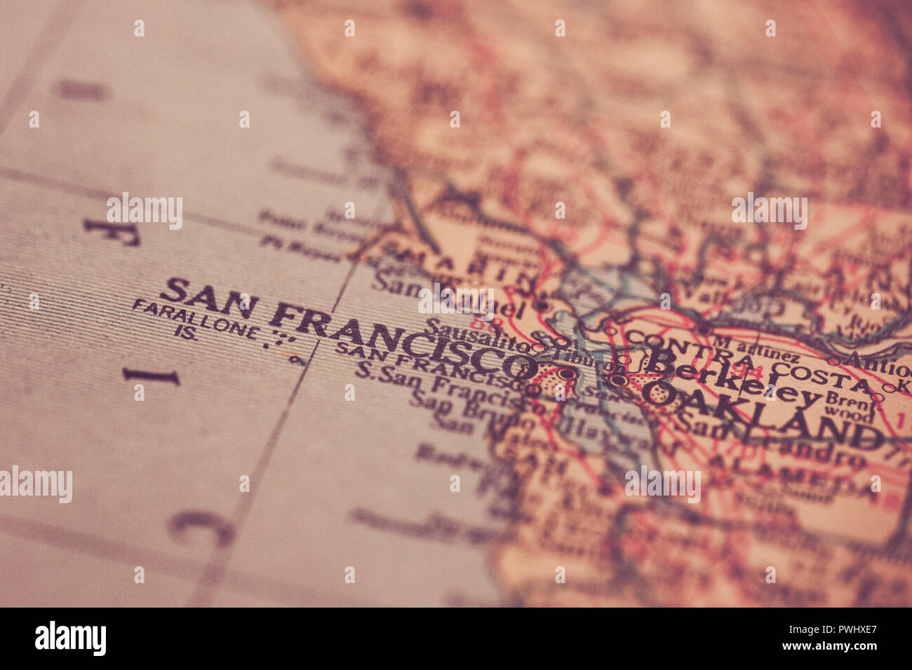 San Francisco, California is the center of focus on an old map. Stock Photo