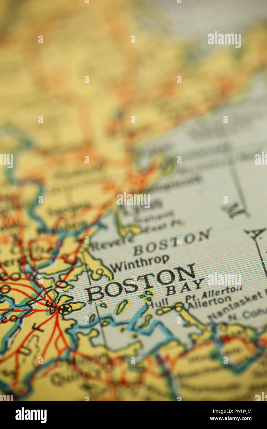Boston, Massachusetts is the center of focus on an old map. Stock Photo