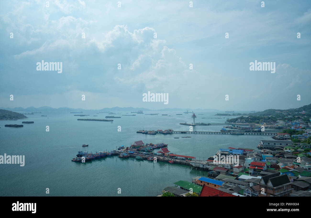 Aerial view of fishing boat pie with town at Srichang Island ,Chonburi ,Thailand. Stock Photo
