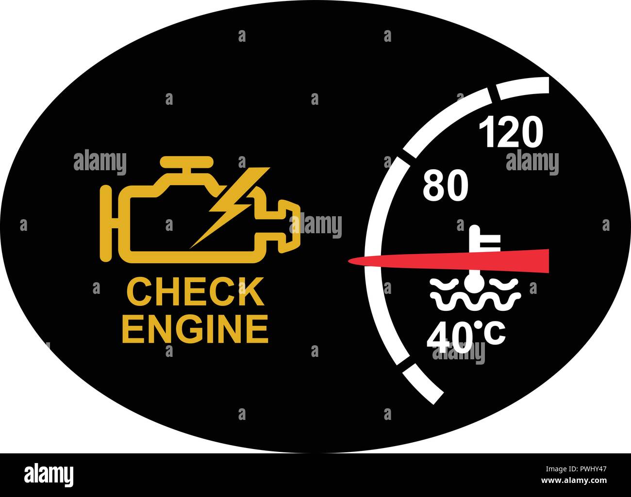 Icon retro style illustration of a dashboard with check engine sign or symbol warning  and temperature gauge on black oval on isolated background. Stock Vector