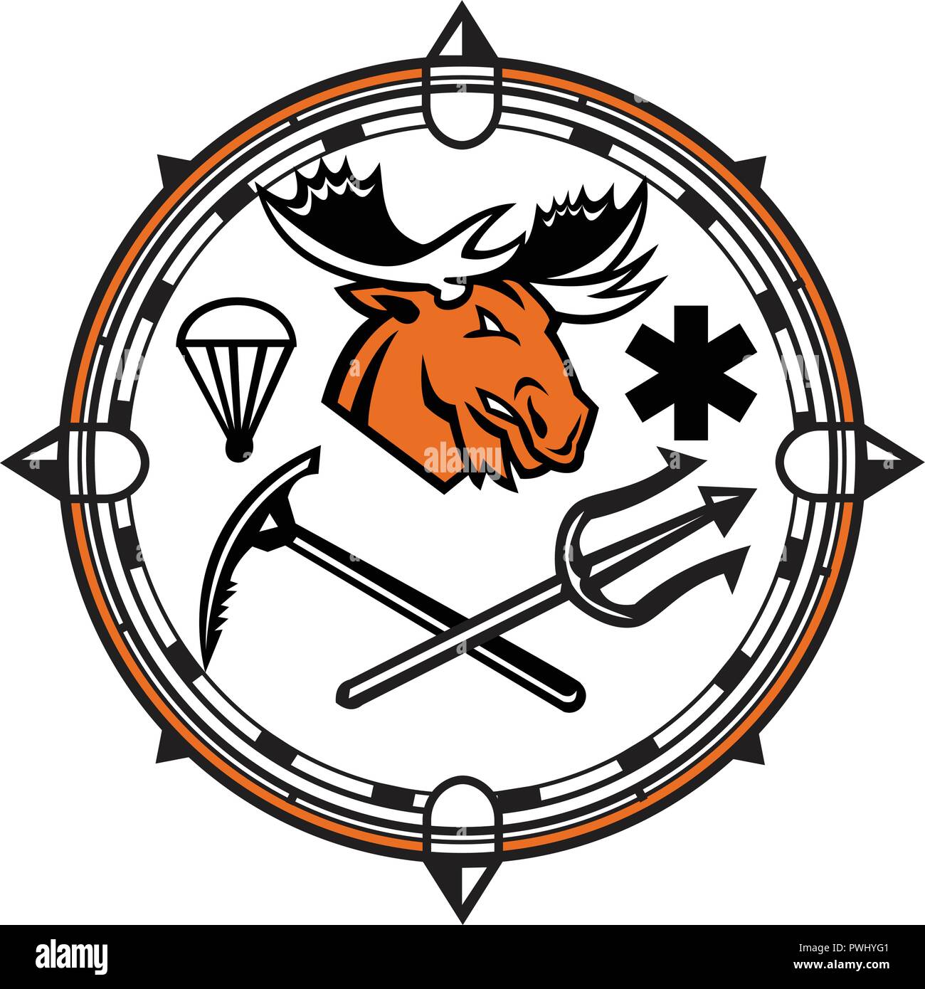 Mascot icon illustration of head of a moose with parachute and star of life symbol and crossed trident and ice axe set inside compass circle symbolizi Stock Vector