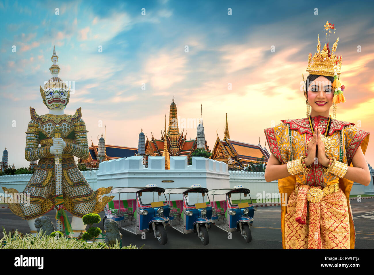 Travel Bangkok Thailand concept, Grand palace and Temple of the Emerald Buddha Stock Photo